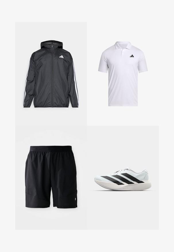 Casaco corta-vento preto com capuz, feito de material liso e leve. Apresenta riscas brancas ao longo das mangas e um logótipo no peito.; Camisola polo branca feita de tecido respirável com colarinho, com mangas curtas e um logo preto da Adidas no lado esquerdo do peito.; Calças curtas atléticas pretas com cintura elástica, apresentando uma discreta marca "BJÖRN BORG" e um pequeno logótipo branco perto da bainha.; Tênis de corrida leves em azul pálido com riscas pretas. Apresentam um cabedal liso, bico redondo e uma entressola espessa branca rotulada como "LIGHTSTRIKE PRO."