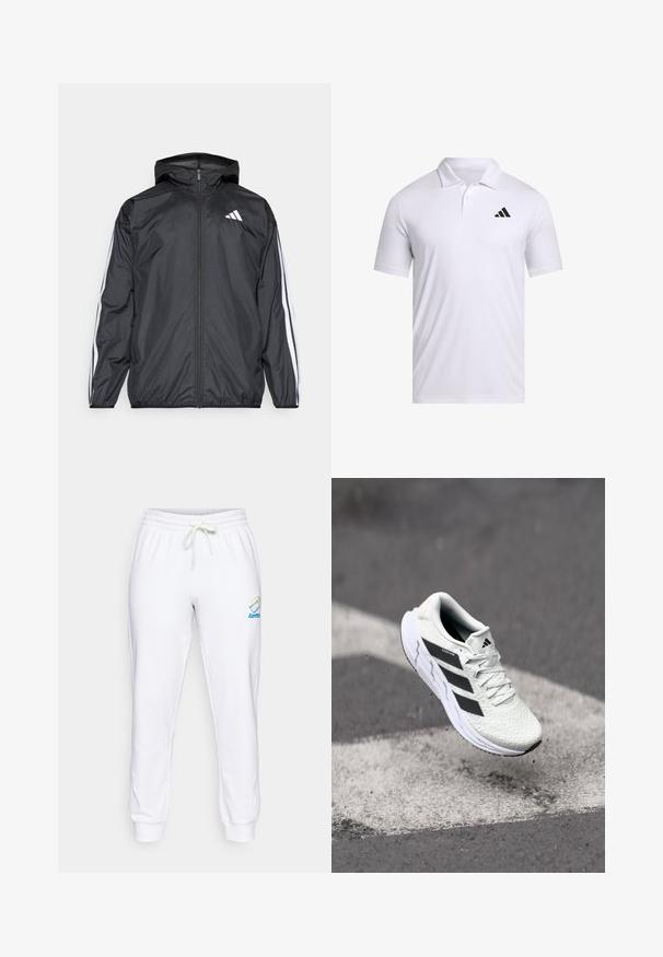 Black windbreaker jacket with a hood, made of smooth, lightweight material. Features white stripes along sleeves and a logo on the chest.; White polo shirt made of breathable fabric with a collar, featuring short sleeves and a black Adidas logo on the left chest.; White cotton sweatpants with an elastic waistband, adjustable drawstring, and logo detail in blue and rainbow colors on the left thigh.; White athletic shoe with textured mesh upper, black stripes, lace closure, and a cushioned sole, levitating above a marked road surface.