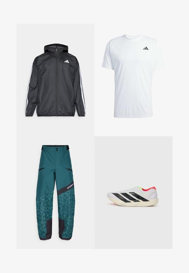Zwarte windbreaker met capuchon, gemaakt van glad, lichtgewicht materiaal. Heeft witte strepen langs de mouwen en een logo op de borst.; Witte sport t-shirt met korte mouwen, gemaakt van een lichtgewicht stof, met een zwart Adidas-logo op de bovenste linkerkant van de borst.; adidas Terrex PANTS - Skibroek - aurora ivy/preloved teal; Witte hardloopschoen met zwarte strepen, neon groene accenten en een rode hak. Beschikt over een lichtgewicht ontwerp en een gestructureerde zool voor grip.