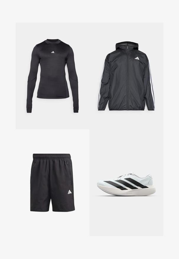 Casaco corta-vento preto com capuz, feito de material liso e leve. Apresenta riscas brancas ao longo das mangas e um logótipo no peito.; Camisa atlética de manga longa em preto, com um corte slim, gola redonda e um logótipo branco da Adidas no peito. Tecido liso e elástico.; Calções de desporto pretos com um cós elástico, bolsos laterais com fecho e um logotipo branco na perna esquerda. Textura leve e suave.; Tênis de corrida leves em azul pálido com riscas pretas. Apresentam um cabedal liso, bico redondo e uma entressola espessa branca rotulada como "LIGHTSTRIKE PRO."