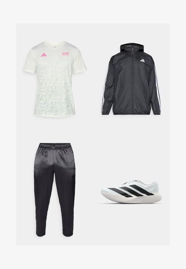 Juodas vėjaračius striukė su gobtuvu, pagaminta iš glotnaus, lengvo medžiagos. Turtingi balti dryžiai palei rankoves ir logotipas ant krūtinės.; adidas Performance BER25 AOP TEE - Sportiniai marškinėliai trumpomis rankovėmis - crystal jade; Juodos sportinės kelnės, pagamintos iš lygaus, lengvo audinio, su elastinga juostos juosta. Yra mažas logotipas kairėje pusėje ir siaurėjantys suplokštinimai.; Lengvi bėgimo batai šviesiai mėlynos spalvos su juodomis juostelėmis. Yra lygus viršus, apvalus pirštas ir storas baltas vidpadis su užrašu "LIGHTSTRIKE PRO."