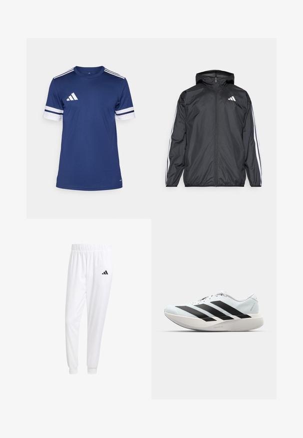 Must hele musta tuulejope, millel on kapuuts ja mis on valmistatud siledast, kergest materjalist. Omab valgeid triipasid varrukatel ja logo rinnal.; Tumesinine sportlik särk lühikeste varrukatega, valged triibud varrukatel ja valge logo rinnal. Valmistatud siledast, hingavast kangast.; Valged sportpüksid, mis on valmistatud siledast kangast, omavad elastset vöökohta ja kitsaid mansette, tagakoti peal on must logo.; Kerged jooksujalatsid helesinises värvuses mustade triipudega. Omavad siledat pealispinda, ümarat varvase osa ja paksu valget vahemõõtu, millel on silt "LIGHTSTRIKE PRO".