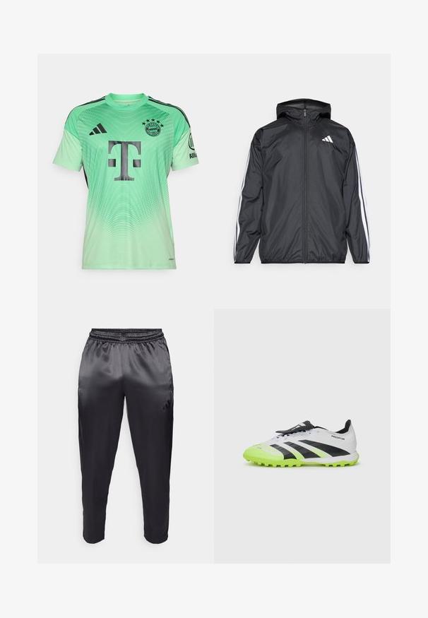 Μαύρο ανοιξιάτικο μπουφάν με κουκούλα, φτιαγμένο από λεία, ελαφριά ύφασμα. Διαθέτει λευκές ρίγες κατά μήκος των μανικιών και λογότυπο στο στήθος.; Φανέλα ποδοσφαίρου σε μέντα πράσινο χρώμα με μαύρες λεπτομέρειες, σε γραντεντ σχέδιο, διαθέτοντας ένα μεγάλο μαύρο λογότυπο στο κέντρο και το έμβλημα της ομάδας στο επάνω αριστερό μέρος.; Μαύρο αθλητικό παντελόνι από λείο, ελαφρύ ύφασμα με ελαστική μέση. Διαθέτει ένα μικρό λογότυπο στην αριστερή πλευρά και στενές γάμπες.; Λευκά και μαύρα ποδοσφαιρικά παπούτσια με φωτεινές πράσινες λεπτομέρειες. Υφασμάτινη επιφάνεια, μαύρες ρίγες και έτοιμα επίπεδα καρφιά σε αντίθετη ζωντανή σόλα.