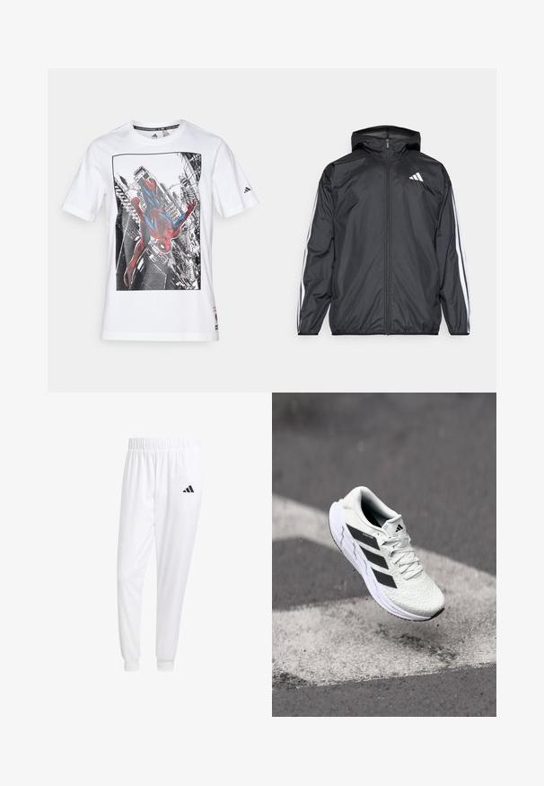 Μαύρο ανοιξιάτικο μπουφάν με κουκούλα, φτιαγμένο από λεία, ελαφριά ύφασμα. Διαθέτει λευκές ρίγες κατά μήκος των μανικιών και λογότυπο στο στήθος.; Λευκό βαμβακερό μπλουζάκι με έγχρωμη γραφική παράσταση του Spider-Man μπροστά από φόντο πόλης, κοντά μανίκια και στρογγυλή λαιμόκοψη.; Λευκά αθλητικά παντελόνια από λείο ύφασμα, με ελαστική μέση και εφαρμοστά μανίκια, που διαθέτουν ένα μαύρο λογότυπο στην πίσω τσέπη.; Λευκό αθλητικό παπούτσι με υφαντό επάνω μέρος, μαύρες ρίγες, κλείσιμο με κορδόνια και μαξιλαρωμένη σόλα, που αιωρείται πάνω από μία σημασμένη επιφάνεια δρόμου.