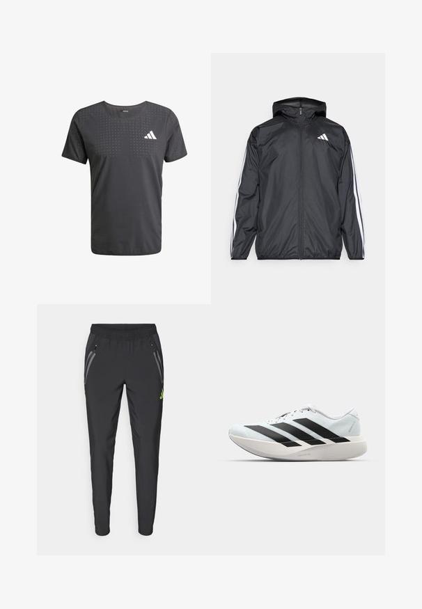 Mustakainen tuulitakki, jossa on huppu, valmistettu sileästä ja kevyestä materiaalista. Tässä takissa on valkoiset raidat hihoissa ja logo rinnassa.; Miestenské čierne atletické tričko s klasickým výstrihom, s perforovaným dizajnom a bielym logom na ľavej hrudi. Vyrobené z ľahkej látky.; adidas Performance REAL MADRID TIRO25 PRO VIS TECH TRAVEL PANT - Joukkuetuote - black/lucid lemon; Kevyt juoksukengät vaaleansinisinä mustilla raidoilla. Ominaisuuksiin kuuluu sileä pinta, pyöreä kärki ja paksu valkoinen välipohja, joka on merkitty "LIGHTSTRIKE PRO".