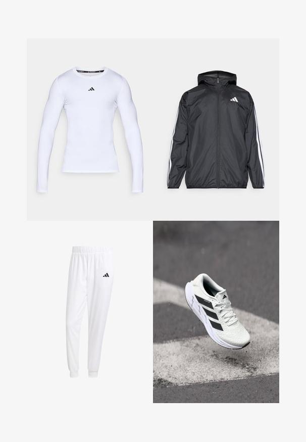 Must hele musta tuulejope, millel on kapuuts ja mis on valmistatud siledast, kergest materjalist. Omab valgeid triipasid varrukatel ja logo rinnal.; Valge pika varrukaga spordipaita, mis on valmistatud elastsetest materjalidest, ümarate kaelustega ja musta Adidas'i logoga rinnal.; Valged sportpüksid, mis on valmistatud siledast kangast, omavad elastset vöökohta ja kitsaid mansette, tagakoti peal on must logo.; Valge spordijalats tekstuurse võrgu pealmise osaga, mustade triipudega, nööriga kinnitamine ja pehmendatud tallaga, levib märgitud teepinna kohal.