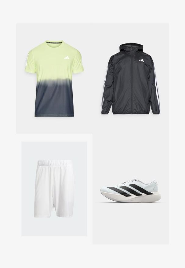 Crna jakna s kapuljačom, izrađena od glatkog, laganog materijala. Sadrži bijele pruge duž rukava i logo na prsima.; Muška majica kratkih rukava za izvođenje, s gradijentom od svijetlo limete do tamno sive. Izrađena od prozračnog materijala s logotipom.; Bijele atletske kratke hlače od laganog materijala, s elastičnom pojasom, glatkom teksturom i dužinom do koljena.; Lagane tenisice za trčanje u svijetloplavoj boji s crnim trakama. Imaju glatku gornju površinu, okrugli vrh i debeli bijeli srednji sloj označen "LIGHTSTRIKE PRO."