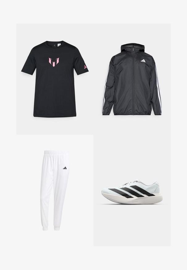 Juodas vėjaračius striukė su gobtuvu, pagaminta iš glotnaus, lengvo medžiagos. Turtingi balti dryžiai palei rankoves ir logotipas ant krūtinės.; Juodas trumpas rankovė t-shirt, pagamintas iš medvilnės, su rožiniu geometriniu logotipu ant krūtinės ir Adidas logotipu ant rankovės.; Balti sportiniai keliaraiščiai, pagaminti iš lygios medžiagos, su elastinga liemene ir priglundančiais rankogaliais, ant galinio kišenės yra juodas logotipas.; Lengvi bėgimo batai šviesiai mėlynos spalvos su juodomis juostelėmis. Yra lygus viršus, apvalus pirštas ir storas baltas vidpadis su užrašu "LIGHTSTRIKE PRO."