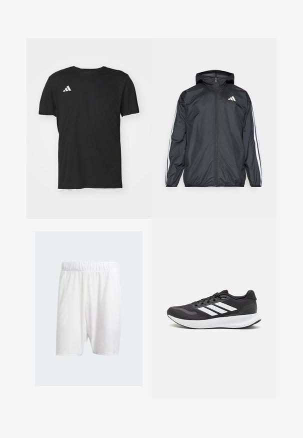 Crna jakna s kapuljačom, izrađena od glatkog, laganog materijala. Sadrži bijele pruge duž rukava i logo na prsima.; Crni sportski T-shirt napravljen od lagane tkanine, s kratkim rukavima i okruglim izrezom. Bijeli Adidas logo na gornjem lijevom dijelu.; Bijele atletske kratke hlače od laganog materijala, s elastičnom pojasom, glatkom teksturom i dužinom do koljena.; Crne atletske tenisice s prozračnom mrežicom na gornjem dijelu, bijelim akcentima i mekanim potplatom. Imaju logo s tri pruge sa strane.