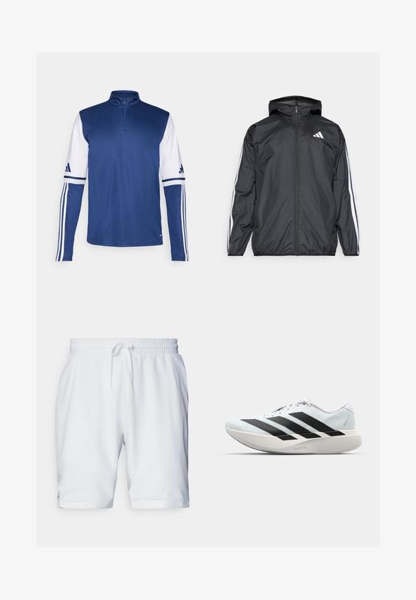 Must hele musta tuulejope, millel on kapuuts ja mis on valmistatud siledast, kergest materjalist. Omab valgeid triipasid varrukatel ja logo rinnal.; Sinine spordipullover, millel on neljandik-kihiga krae, pikad valged varrukad, millel on meresinised aktsendid, ja igal varrukal on kolm valget triipu.; Valged sportlikud lühikesed püksid elastse vöökohaga ja reguleeritava paelaga. Sile kangas, millel on peen struktuur, ja küljetaskud.; Kerged jooksujalatsid helesinises värvuses mustade triipudega. Omavad siledat pealispinda, ümarat varvase osa ja paksu valget vahemõõtu, millel on silt "LIGHTSTRIKE PRO".