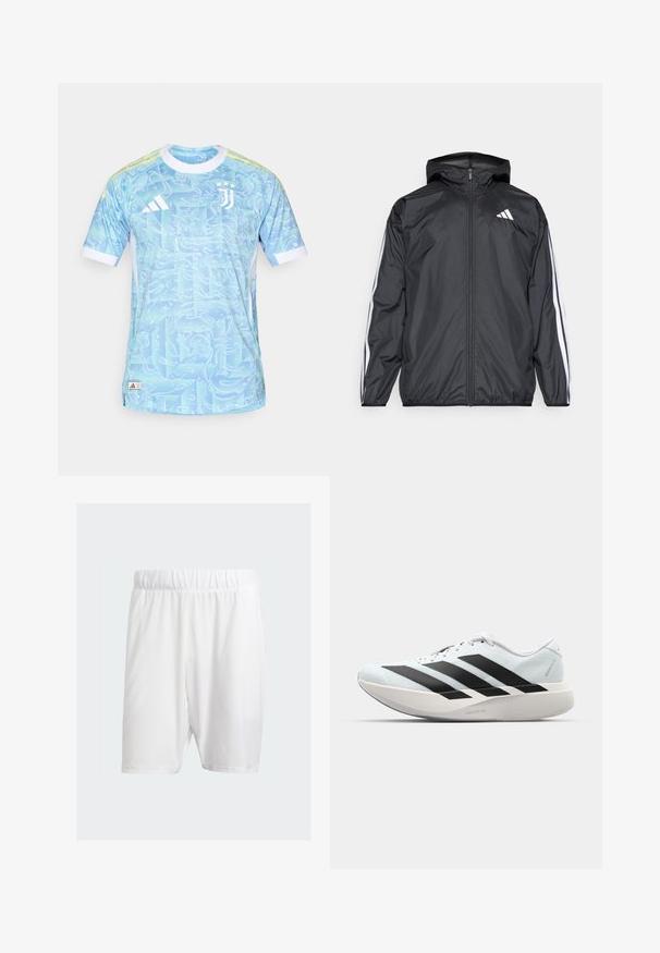 Czarna kurtka typu windbreaker z kapturem, wykonana z gładkiego, lekkiego materiału. Posiada białe paski wzdłuż rękawów oraz logo na piersi.; Niebieski sportowy t-shirt z wirującym wzorem, krótkie rękawy i białe akcenty. Na froncie znajduje się logo Adidas oraz emblemat Juventusu.; Białe szorty sportowe wykonane z lekkiego materiału, z elastycznym paskiem w talii, gładką fakturą i długością sięgającą kolan.; Lekkie buty do biegania w jasnoniebieskim kolorze z czarnymi pasami. Posiadają gładką cholewkę, okrągły nosek oraz grubą białą podeszwę środkową oznaczoną "LIGHTSTRIKE PRO."
