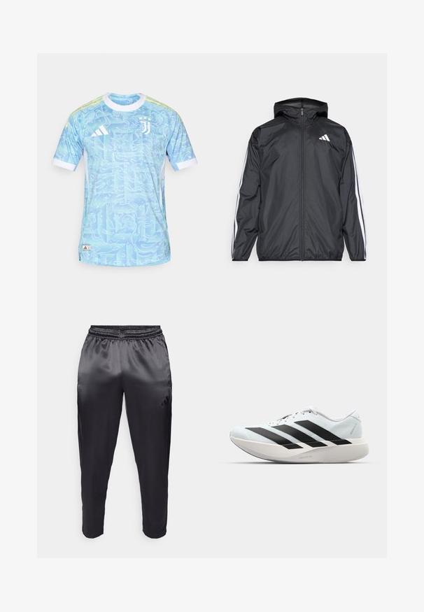 Svart vindjakke med hette, laget av glatt, lett materiale. Har hvite striper langs ermene og et logo på brystet.; Blå idrettsdrakt med en virvlende mønster, korte ermer og hvite detaljer. Har Adidas-logo og Juventus-emblem foran.; Svarte treningsbukser laget av glatt, lett stoff med elastisk midjebånd. Har en liten logo på venstre side og avsmalnende ben.; Lette løpesko i lys blå med svarte striper. Har en myk overdel, rund tå og tykk hvit mellomsole merket "LIGHTSTRIKE PRO."
