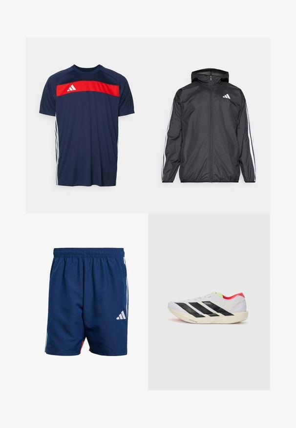 Czarna kurtka typu windbreaker z kapturem, wykonana z gładkiego, lekkiego materiału. Posiada białe paski wzdłuż rękawów oraz logo na piersi.; Granatowa koszulka sportowa z czerwonym poziomym paskiem i białymi akcentami. Wykonana z gładkiego materiału, z krótkim rękawem i okrągłym dekoltem.; Granatowe spodenki sportowe z elastycznym pasem, bocznymi białymi paskami i małym białym logo na dolnej części lewej nogawki. Wykonane z lekkiego materiału.; Białe buty biegowe z czarnymi paskami, neonowozielonymi akcentami i czerwoną piętą. Posiadają lekką konstrukcję oraz teksturowaną podeszwę zapewniającą przyczepność.