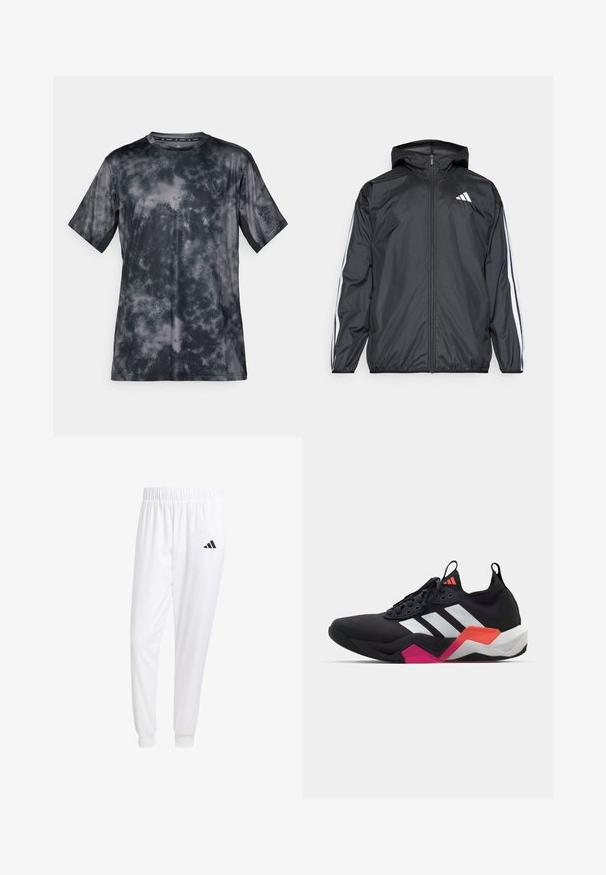 Melnā vēja izolācija jaka ar kapuci, izgatavota no gluda, viegla materiāla. Iekļautas baltas svītras gar piedurknēm un logo uz krūšu.; Tumši pelēks īsās piedurknes T-krekls ar mākoņa līdzīgu rakstu, izgatavots no gludas, vieglas auduma. Ar apļa kakla izgriezumu un logo detaļu.; Baltas sporta bikses, kas izgatavotas no gludas auduma, ar elastīgu jostu un pieguļošiem uzmavām, ar melnu logotipu aizmugurējā kabatā.; Melna sporta kurpe ar baltām svītrām, teksturētu virsējo daļu un masīvu zoli, kurai ir oranži, rozā un baltie akcenti. Auklu dizains ar vilkšanas cilpu.
