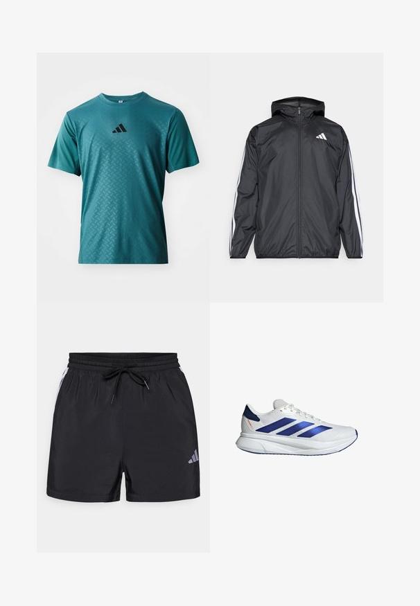 Black windbreaker jacket with a hood, made of smooth, lightweight material. Features white stripes along sleeves and a logo on the chest.; adidas Performance POWER TEE - Sports T-shirt - preloved teal; Black athletic shorts with an elastic waistband, drawstring, and white side accents. Features a small grey logo on the lower left leg.; White athletic shoes with blue accents, mesh upper, three blue stripes, rounded toe, lightweight sole, and textured surface for grip.