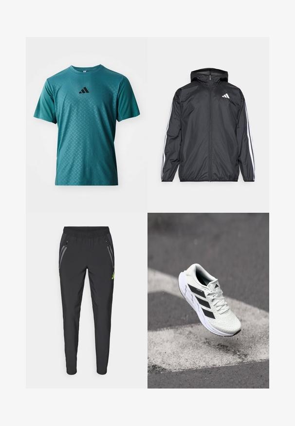 Svart vindjakke med hette, laget av glatt, lett materiale. Har hvite striper langs ermene og et logo på brystet.; adidas Performance POWER TEE - T-skjorte til trening - preloved teal; adidas Performance REAL MADRID TIRO25 PRO VIS TECH TRAVEL PANT - Klubbklær - black/lucid lemon; Hvit sportsko med teksturert mesh-overdel, svarte striper, snøring og en polstret såle, svevende over en markert veidoverflate.