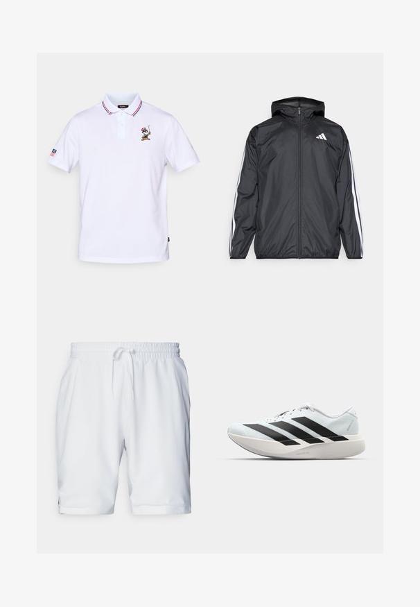 Must hele musta tuulejope, millel on kapuuts ja mis on valmistatud siledast, kergest materjalist. Omab valgeid triipasid varrukatel ja logo rinnal.; Valge polo särk punase ja sinise triibulise krae, kolme nupuga kaelus ja tikitud karakterikujundusega rinnaosas.; Valged sportlikud lühikesed püksid elastse vöökohaga ja reguleeritava paelaga. Sile kangas, millel on peen struktuur, ja küljetaskud.; Kerged jooksujalatsid helesinises värvuses mustade triipudega. Omavad siledat pealispinda, ümarat varvase osa ja paksu valget vahemõõtu, millel on silt "LIGHTSTRIKE PRO".