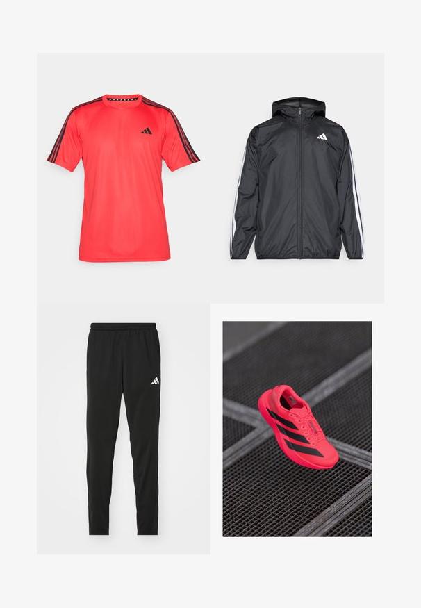 Černá větrovka s kapucí, vyrobená z hladkého, lehkého materiálu. Má bílé pruhy podél rukávů a logo na hrudi.; adidas Performance TRAIN ESSENTIALS BASE 3-STRIPES - Sportovní tričko - pure ruby/black; Černé sportovní kalhoty s elastickým pasem, zúženým střihem a bílým logem Adidas na levém stehně. Hladká, lehká tkanina.; Jasně růžová běžecká bota s černými pruhy, vyrobená z lehkého síťového materiálu, s texturovanou podrážkou a designem na šněrování.