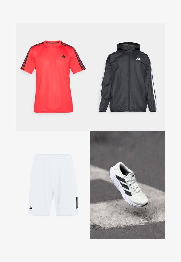 Črna vetrovka s kapuco, izdelana iz gladkega, lahkega materiala. Ima bele črte ob rokavih in logo na prsih.; adidas Performance TRAIN ESSENTIALS BASE 3-STRIPES - Športne majice - pure ruby/black; Belo športno kratke hlače z elastičnim pasom, ob strani s tremi črnimi črtami in črnim logotipom na spodnjem levem delu hlačnic.; Bela atletska čevlja z teksturiranim mrežastim zgornjim delom, črnimi črtami, zavezovanjem na vezalke in oblazinjenim podplatom, lebdi nad označeno cesto.