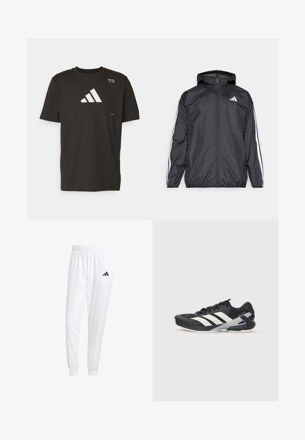 Casaco corta-vento preto com capuz, feito de material liso e leve. Apresenta riscas brancas ao longo das mangas e um logótipo no peito.; adidas Performance ALL GYM CATEGORY GRAPHIC - T-shirt estampada - black; Calças esportivas brancas feitas de tecido suave, com uma cintura elástica e punhos ajustados, apresentando um logo preto no bolso de trás.; Sapata atlética preta com riscas brancas, parte superior em malha, biqueira arredondada e sola acolchoada. Apresenta um calcanhar texturizado e um sistema de atacadores seguro.