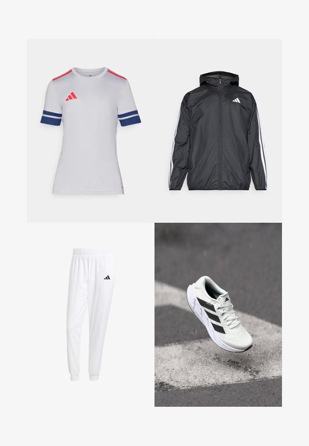 Črna vetrovka s kapuco, izdelana iz gladkega, lahkega materiala. Ima bele črte ob rokavih in logo na prsih.; Bela atletska majica s kratkimi rokavi z rdečimi in mornarsko modrimi detajli. Ima Adidasovo logo, prugaste mornarsko modre rokave in krožno ovratnico.; Bele atletske hlače iz gladkega materiala, z elastičnim pasom in prilagojenimi manšetami, na zadnjem žepu pa je črna logo.; Bela atletska čevlja z teksturiranim mrežastim zgornjim delom, črnimi črtami, zavezovanjem na vezalke in oblazinjenim podplatom, lebdi nad označeno cesto.