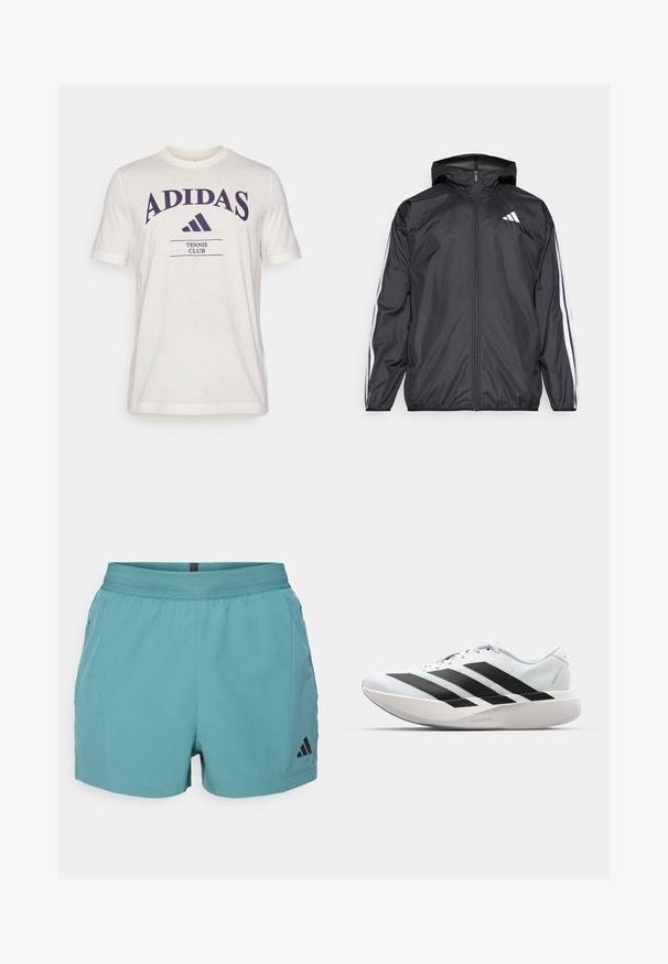 Casaco corta-vento preto com capuz, feito de material liso e leve. Apresenta riscas brancas ao longo das mangas e um logótipo no peito.; T-shirt creme com mangas curtas, apresentando um grande logótipo roxo "ADIDAS" e o texto "TENNIS CLUB" em roxo escuro abaixo.; Calções atléticos em azul-petróleo com uma cintura texturizada, bolsos laterais e o logótipo preto da Adidas no lado inferior direito. Tecido leve.; Tênis de corrida leves em azul pálido com riscas pretas. Apresentam um cabedal liso, bico redondo e uma entressola espessa branca rotulada como "LIGHTSTRIKE PRO."