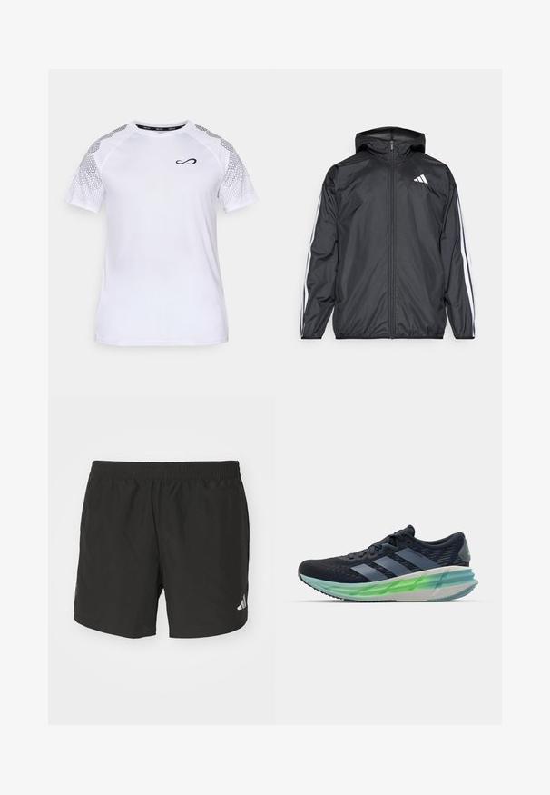 Jachetă neagră de vânt cu glugă, realizată dintr-un material neted și ușor. Prezintă dungi albe pe mâneci și un logo pe piept.; Endless FEISTY HEXAGON - Tricou cu imprimeu - white; Pantaloni scurți sport negri cu talie elastică, fante laterale și accente cu logo reflectorizant. Confectionați dintr-un material ușor, neted.; Gheată sport neagră și albastră, cu superior din plasă, trei dungi albe, talpă verde translucidă și un model texturat notabil. Design ușor.