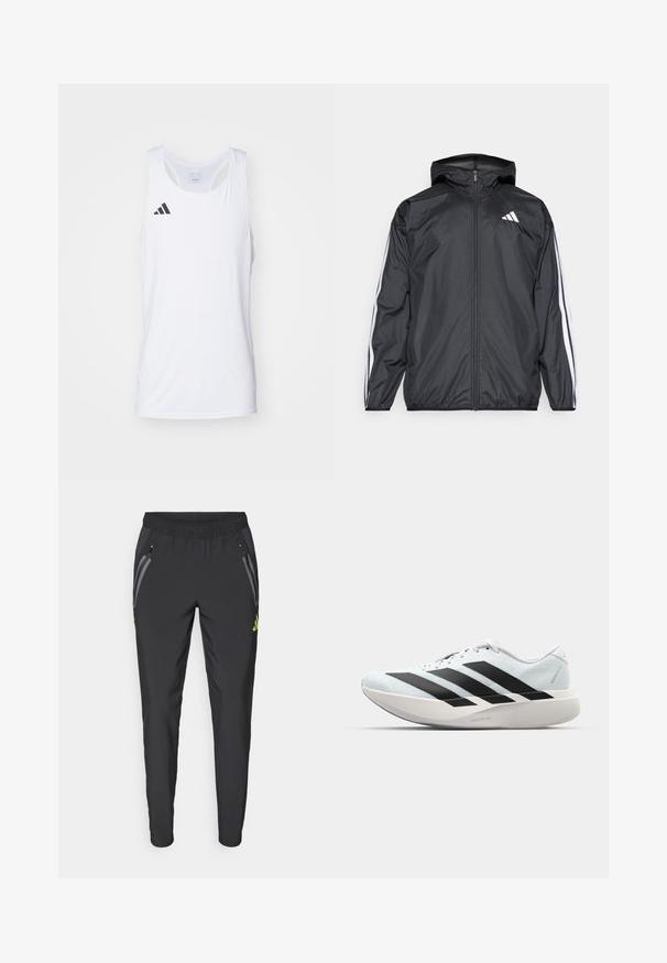 Mustakainen tuulitakki, jossa on huppu, valmistettu sileästä ja kevyestä materiaalista. Tässä takissa on valkoiset raidat hihoissa ja logo rinnassa.; Valkoinen ilman hihoja oleva urheilullinen hihaton paita, joka on valmistettu kevyestä kankaasta. Paidassa on musta Adidas-logo vasemmassa rinnassa ja kaarrettu kaula-aukko.; adidas Performance REAL MADRID TIRO25 PRO VIS TECH TRAVEL PANT - Joukkuetuote - black/lucid lemon; Kevyt juoksukengät vaaleansinisinä mustilla raidoilla. Ominaisuuksiin kuuluu sileä pinta, pyöreä kärki ja paksu valkoinen välipohja, joka on merkitty "LIGHTSTRIKE PRO".