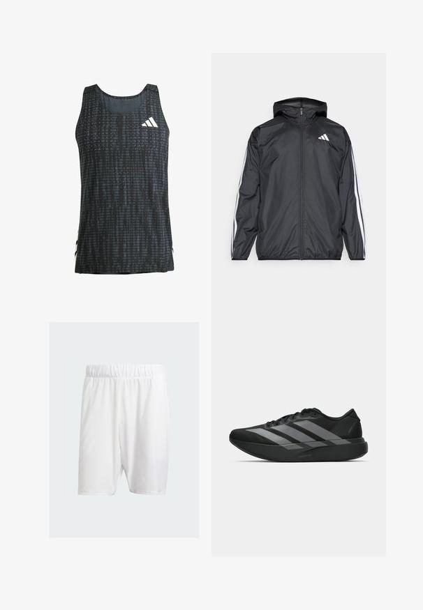 Giacca a vento nera con cappuccio, realizzata in materiale liscio e leggero. Presenta strisce bianche lungo le maniche e un logo sul petto.; Canotta sportiva nera con un motivo testurizzato, design senza maniche e accenti del logo bianco. Tessuto leggero con una vestibilità ampia.; Pantaloni sportivi bianchi realizzati in tessuto leggero, con una vita elasticizzata, texture liscia e taglio fino al ginocchio.; Scarpe sportive nere con un design leggero, caratterizzate da tre strisce grigie prominenti, una superficie liscia e una suola sagomata.