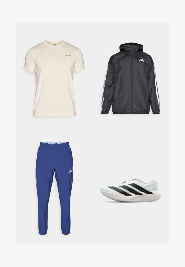 Jachetă neagră de vânt cu glugă, realizată dintr-un material neted și ușor. Prezintă dungi albe pe mâneci și un logo pe piept.; Tricou crem cu mânecă scurtă, fabricat dintr-un material moale, cu guler rotund și un mic logo "BORG" brodat pe pieptul stâng.; adidas Performance TECH APP - Pantaloni de trening - dark blue/glow blue; Pantofi de alergare ușori în albastru deschis cu dungi negre. Au un superior neted, vârf rotund și o intermediară groasă albă etichetată "LIGHTSTRIKE PRO."