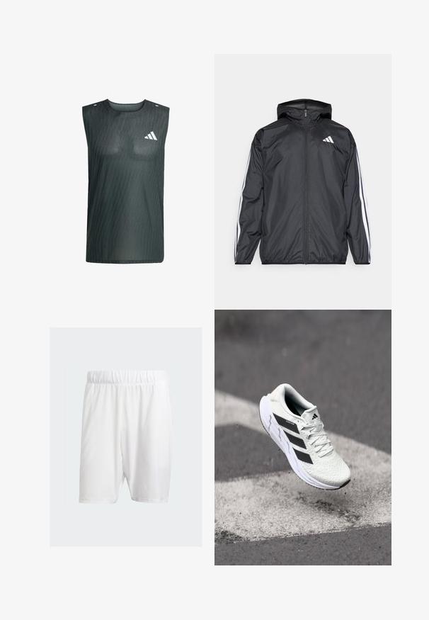 Giacca a vento nera con cappuccio, realizzata in materiale liscio e leggero. Presenta strisce bianche lungo le maniche e un logo sul petto.; Gilet senza maniche di colore grigio scuro, realizzato in tessuto a rete, con un motivo sottile, scollatura rotonda e un logo bianco sulla parte sinistra del petto.; Pantaloni sportivi bianchi realizzati in tessuto leggero, con una vita elasticizzata, texture liscia e taglio fino al ginocchio.; Scarpa sportiva bianca con tomaia in rete testurizzata, strisce nere, chiusura con lacci e suola ammortizzata, che levita sopra una superficie stradale segnata.