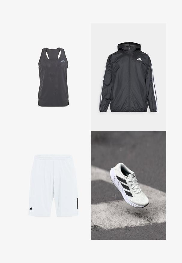 Mustakainen tuulitakki, jossa on huppu, valmistettu sileästä ja kevyestä materiaalista. Tässä takissa on valkoiset raidat hihoissa ja logo rinnassa.; adidas Performance ADIZERO TANK - Toppi - black; Valkoiset urheilushortsit, joissa on joustava vyötärönauha, sivuilla kolme mustaa raitaa ja musta logo vasemman alareiden alaosassa.; Valkoinen urheilujalkine, jossa on teksturoitu verkkomateriaali, mustat raidat, nauhakiinnitys ja pehmustettu pohja, leijuu merkittyjen tienpintojen yllä.