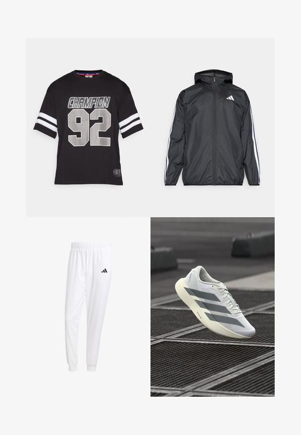 Jachetă neagră de vânt cu glugă, realizată dintr-un material neted și ușor. Prezintă dungi albe pe mâneci și un logo pe piept.; Tricou negru cu mânecă scurtă, cu inscriptionarea "CHAMPION" și "92" în argintiu. Are dungi albe pe mâneci și un guler rotund cu rips.; Pantaloni sport albi dintr-un material neted, cu un brâu elastic și mansete ajustate, având un logo negru pe buzunarul din spate.; Pantof sportiv alb cu partea superioară din plasă texturată, cu dungi gri și talpă amortizantă. Design ușor, potrivit pentru alergare.