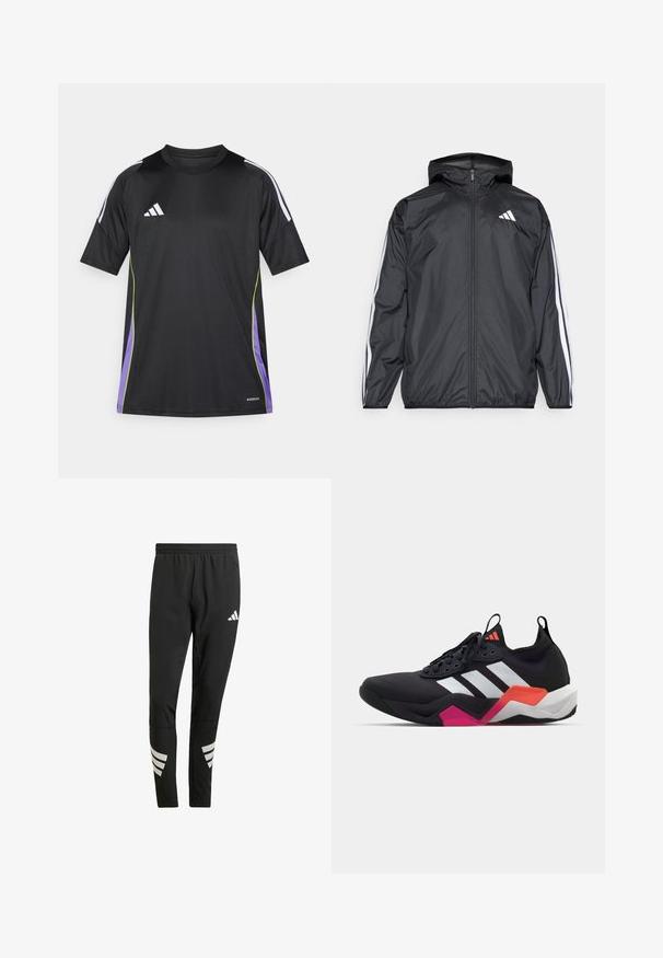 Svart vindjacka med huva, tillverkad av ett smidigt och lätt material. Har vita ränder längs ärmarna och en logotyp på bröstet.; Svart atletisk tröja med korta ärmar, med vita ränder på axlarna, gröna och lila accenter samt en broderad logotyp på bröstet.; Svarta idrottsbyxor med elastisk midja, prydda med reflekterande vita detaljer i ett randigt mönster på underbenen. Tillverkade av ett slätt tyg.; Svart träningsskor med vita ränder, texturerad överdel och en kraftig sula med orange, rosa och vita accenter. Snörningsdesign med dragflik.