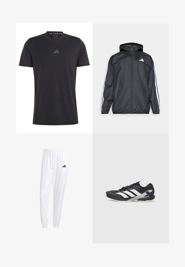 Must hele musta tuulejope, millel on kapuuts ja mis on valmistatud siledast, kergest materjalist. Omab valgeid triipasid varrukatel ja logo rinnal.; Must have lühikeste varrukatega treening T-särk mustast kergekaalulisest kangast, ümmarguse kaelusega ja rinnaosa nüanssina sissepressitud logoga.; Valged sportpüksid, mis on valmistatud siledast kangast, omavad elastset vöökohta ja kitsaid mansette, tagakoti peal on must logo.; Mustad sportlik jalanõud mustade värvidega, valgete triipudega, võrgusilma pealmine osa, ümar varvas ja pehme tallaga. Omab tekstureeritud kontsa ja kindlat paeltesüsteemi.