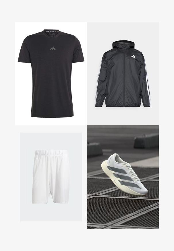 Casaco corta-vento preto com capuz, feito de material liso e leve. Apresenta riscas brancas ao longo das mangas e um logótipo no peito.; T-shirt de treino preto de mangas curtas, feito de tecido leve, com decote redondo e um logo em relevo discreto no peito.; Calções de desporto brancos feitos de um tecido leve, com uma cintura elástica, textura suave e corte até ao joelho.; Sapatilha desportiva branca com parte superior em malha texturizada, apresentando riscas cinzentas e sola acolchoada. Design leve adequado para corrida.