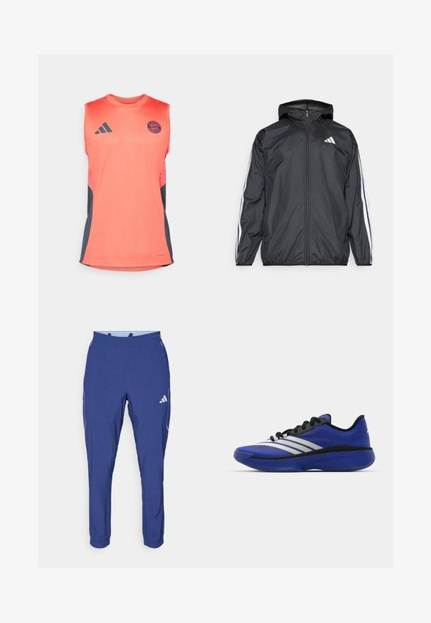 Sort vindjakke med hætte, lavet af glat, let materiale. Har hvide striber langs ærmerne og et logo på brystet.; Koral ærmeløs atletisk skjorte med mørkegrå sidelæg. Har Adidas-logo og FC Bayern München-emblem. Lavet af letvægtsstof.; adidas Performance TECH APP - Træningsbukser - dark blue/glow blue; adidas Performance ADIZERO SELECT 3.0 - Basketsko - lucid blue/core black/metallic