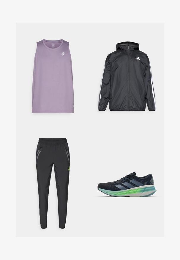 Melnā vēja izolācija jaka ar kapuci, izgatavota no gluda, viegla materiāla. Iekļautas baltas svītras gar piedurknēm un logo uz krūšu.; Violeta sporta bezpiedurkņu topiņš ar apļa formu un bez piedurknēm. Uz krūtīm ir neliels balts logo. Izgatavots no viegla auduma.; adidas Performance REAL MADRID TIRO25 PRO VIS TECH TRAVEL PANT - Klubu apģērbs - black/lucid lemon; Melnas un zilas sporta apavus ar acs materiālu, trīs baltām svītrām, zaļu caurspīdīgu zoli un ievērojamu teksturētu rakstu. Viegls dizains.