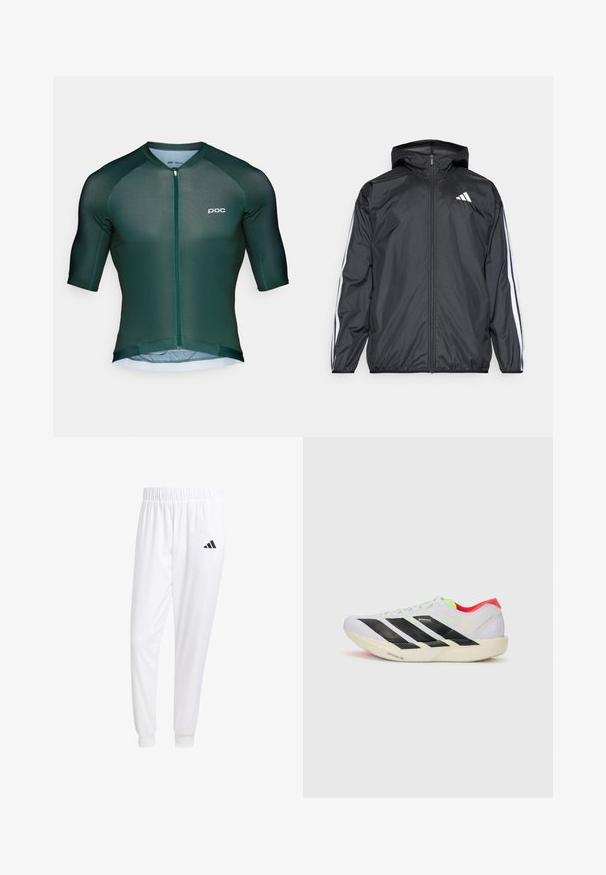 Mustakainen tuulitakki, jossa on huppu, valmistettu sileästä ja kevyestä materiaalista. Tässä takissa on valkoiset raidat hihoissa ja logo rinnassa.; Tumma vihreä pyöräilypaita, jossa on lyhyet hihat, vetoketju edessä ja huomaamaton logo. Valmistettu kevyestä ja hengittävästä materiaalista.; Valkoiset urheiluhousut, jotka on valmistettu sileästä kankaasta, jossa on joustava vyötärö ja istuvat hihat, ja joissa on musta logo takataskussa.; Valkoinen juoksukenkä, jossa on mustat raidat, neonvihreät yksityiskohdat ja punainen kanta. Ominaisuuksiin kuuluu kevyt muotoilu ja teksturoitu pohja pidon takaamiseksi.