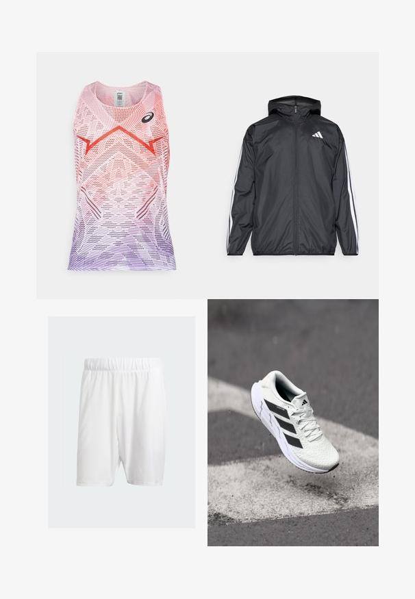 Svart vindjakke med hette, laget av glatt, lett materiale. Har hvite striper langs ermene og et logo på brystet.; Sømløs atletisk topp i rosa og lilla gradient, med geometriske mønstre og en svart logo. Laget av pustende, lett stoff.; Hvite treningsshorts laget av lett stoff, med elastisk midje, glatt tekstur og knelengde.; Hvit sportsko med teksturert mesh-overdel, svarte striper, snøring og en polstret såle, svevende over en markert veidoverflate.