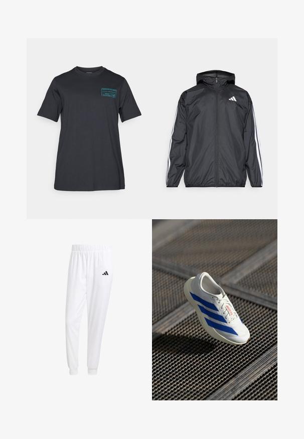 Černá větrovka s kapucí, vyrobená z hladkého, lehkého materiálu. Má bílé pruhy podél rukávů a logo na hrudi.; Černé bavlněné tričko s krátkým rukávem a kulatým výstřihem. V levé části hrudi má teal grafický potisk. Jednoduchý, neformální design.; Bílé sportovní kalhoty vyrobené z hladkého materiálu, s elastickým pasem a přiléhavými manžetami, s černým logem na zadní kapse.; Bílé sportovní boty s modrými pruhy, lehký design, síťovina na svršku, klasicické šněrování a textura gumové podrážky, levitující nad mřížkovým povrchem.