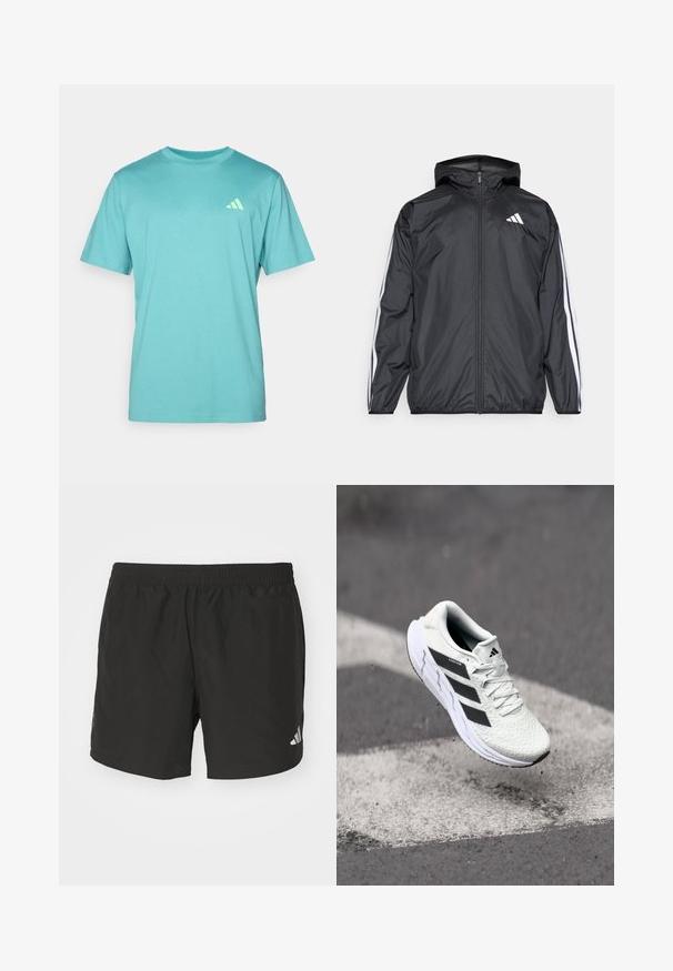 Črna vetrovka s kapuco, izdelana iz gladkega, lahkega materiala. Ima bele črte ob rokavih in logo na prsih.; Turkizna kratka majica s kratkimi rokavi iz bombaža, z okroglim izrezom in majhnim belim Adidasovim logotipom na levem prsnem delu.; Črne atletske kratke hlače z elastičnim pasom, stranskimi razporki in odsevnimi logotipnimi poudarki. Narejene so iz lahkotnega, gladkega materiala.; Bela atletska čevlja z teksturiranim mrežastim zgornjim delom, črnimi črtami, zavezovanjem na vezalke in oblazinjenim podplatom, lebdi nad označeno cesto.