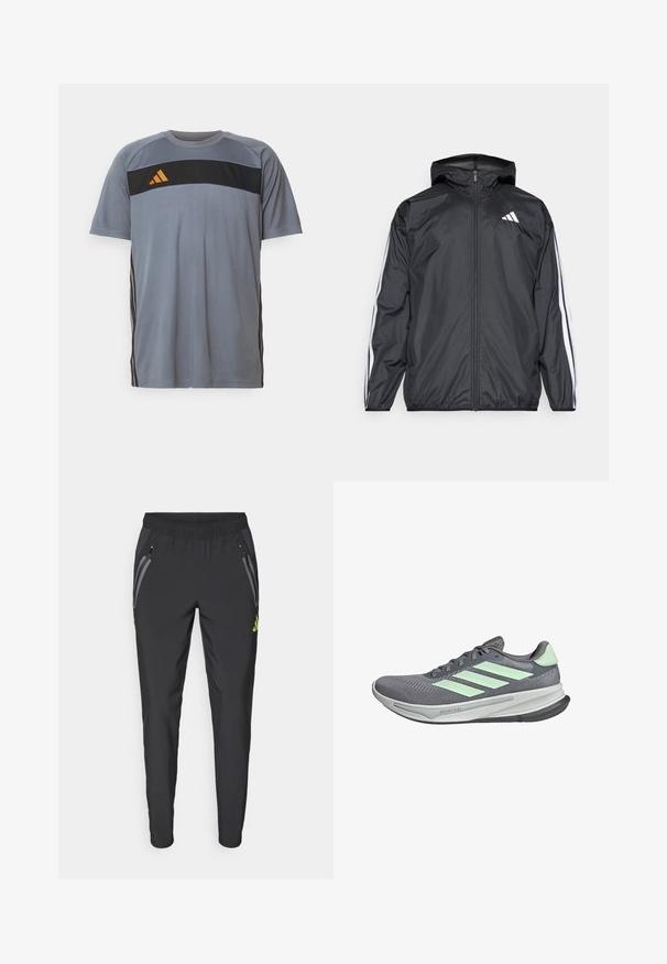 Czarna kurtka typu windbreaker z kapturem, wykonana z gładkiego, lekkiego materiału. Posiada białe paski wzdłuż rękawów oraz logo na piersi.; Szara sportowa koszulka z krótkimi rękawami, z czarną poziomą wstawką i pomarańczowym logo. Czarne paski biegną wzdłuż boku.; adidas Performance REAL MADRID VISTECH czarny; adidas Performance - Obuwie do biegania Szlak
