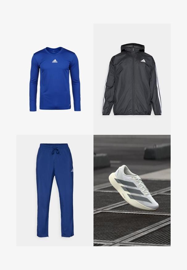 Black windbreaker jacket with a hood, made of smooth, lightweight material. Features white stripes along sleeves and a logo on the chest.; Long-sleeve blue athletic shirt made from moisture-wicking fabric, featuring a v-neck and a white Adidas logo on the chest.; Navy blue athletic pants with an elastic waistband and drawstring. Features a subtle logo on the side and zip openings at the ankles.; White athletic shoe with a textured mesh upper, featuring grey stripes and a cushioned sole. Lightweight design suitable for running.