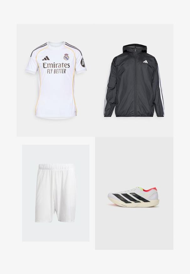 Fekete szélálló dzseki kapucnival, sima, könnyű anyagból. Fehér csíkokkal díszített az ujjak mentén és logóval a mellkason.; Fehér futballmez könnyű anyagból, sárga díszítéssel, fekete csíkokkal a vállakon és csapatlogóval a mellkason.; Fehér sportnadrág könnyű anyagból, rugalmas derékkal, sima felülettel és térd alatti szabással.; Fehér futócipő fekete csíkokkal, neon zöld részletekkel és piros sarokkal. Könnyű dizájnnal és texturált talppal rendelkezik a tapadás érdekében.