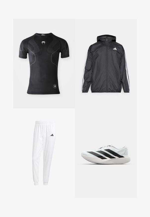 Giacca a vento nera con cappuccio, realizzata in materiale liscio e leggero. Presenta strisce bianche lungo le maniche e un logo sul petto.; Maglietta sportiva nera a maniche corte con pannelli testurizzati, sottili linee curve bianche, un logo a forma di dente sul petto e un distintivo di performance rotondo vicino all'orlo.; Pantaloni sportivi bianchi realizzati in tessuto liscio, con una vita elasticizzata e polsini aderenti, dotati di un logo nero sulla tasca posteriore.; Scarpe da corsa leggere di colore azzurro pallido con strisce nere. Presentano una tomaia liscia, punta rotonda e un'ampia intersuola bianca etichettata "LIGHTSTRIKE PRO."