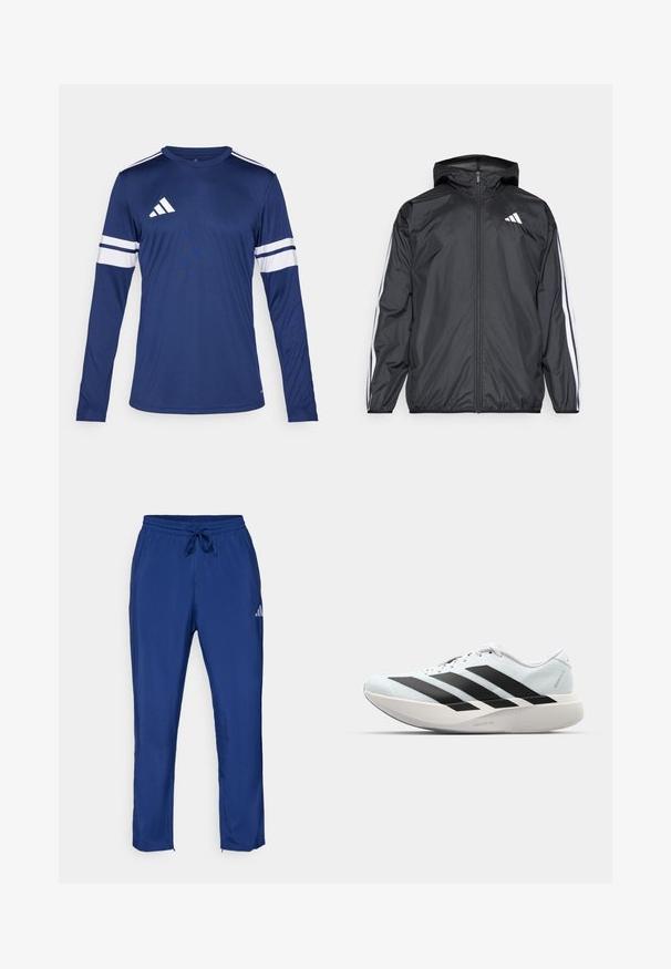Black windbreaker jacket with a hood, made of smooth, lightweight material. Features white stripes along sleeves and a logo on the chest.; Long-sleeve athletic shirt in dark blue fabric. Features white stripes on the sleeves and three white stripes on the shoulder. Adidas logo on chest.; Navy blue athletic pants with an elastic waistband and drawstring. Features a subtle logo on the side and zip openings at the ankles.; Lightweight running shoes in pale blue with black stripes. Features a smooth upper, round toe, and thick white midsole labeled "LIGHTSTRIKE PRO."
