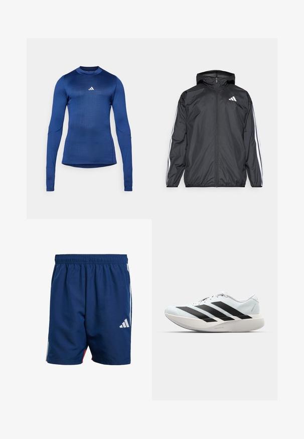 Black windbreaker jacket with a hood, made of smooth, lightweight material. Features white stripes along sleeves and a logo on the chest.; Long-sleeve athletic shirt in dark blue, made of moisture-wicking fabric. Features a round neck and a small white logo on the chest.; Navy blue athletic shorts with an elastic waistband, side white stripes, and a small white logo on the lower left leg. Lightweight material.; Lightweight running shoes in pale blue with black stripes. Features a smooth upper, round toe, and thick white midsole labeled "LIGHTSTRIKE PRO."