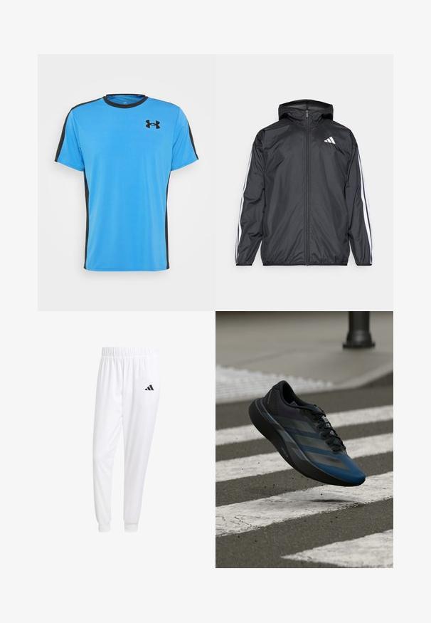 Casaco corta-vento preto com capuz, feito de material liso e leve. Apresenta riscas brancas ao longo das mangas e um logótipo no peito.; T-shirt atlético azul feito de tecido suave, com detalhes laterais pretos e gola redonda. Logotipo preto no canto superior esquerdo do peito.; Calças esportivas brancas feitas de tecido suave, com uma cintura elástica e punhos ajustados, apresentando um logo preto no bolso de trás.; Tênis atlético preto e azul com design aerodinâmico, apresentando uma parte superior texturizada, riscas contrastantes e uma sola acolchoada, pairando sobre o pavimento.