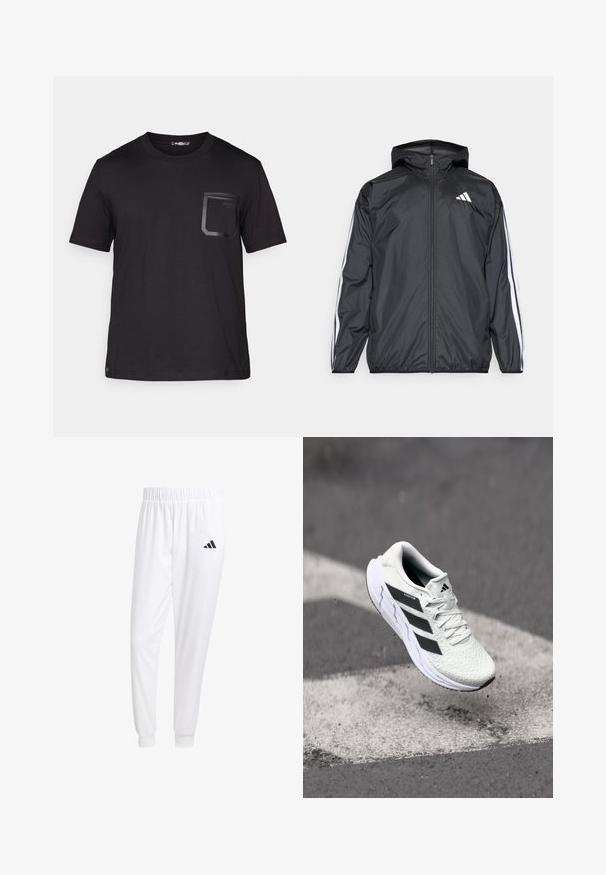 Crna jakna s kapuljačom, izrađena od glatkog, laganog materijala. Sadrži bijele pruge duž rukava i logo na prsima.; Crna majica kratkih rukava napravljena od pamuka s suptilnom teksturom. Ima prednju džep s pravokutnim dizajnom i detaljem s logom.; Bijele atletske hlače od glatkog materijala, sa elastičnom vrpcom u struku i pripijenim manžetama, sa crnim logom na stražnjem džepu.; Bjela atletska cipela s mrežastim gornjim dijelom s teksturom, crnim prugama, vezanjem na vezice i podstavljenim potplatom, lebdi iznad označene ceste.